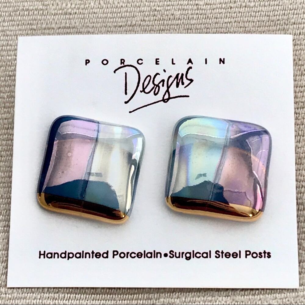 Hand-painted Porcelain  Earrings Iridescent & Gold Posts - Picture 2 of 3
